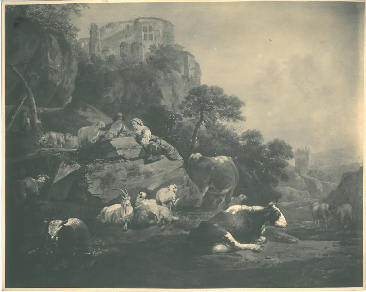 Roos: Tierherde, Hirte und Hirtin, im Hintergrund Burg auf Berg. 62 x 74 cm