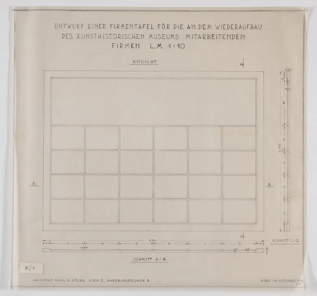 Kunsthistorisches Museum. Entwurf einer Firmentafel für die am Wiederaufbau mitarbeitenden Firmen