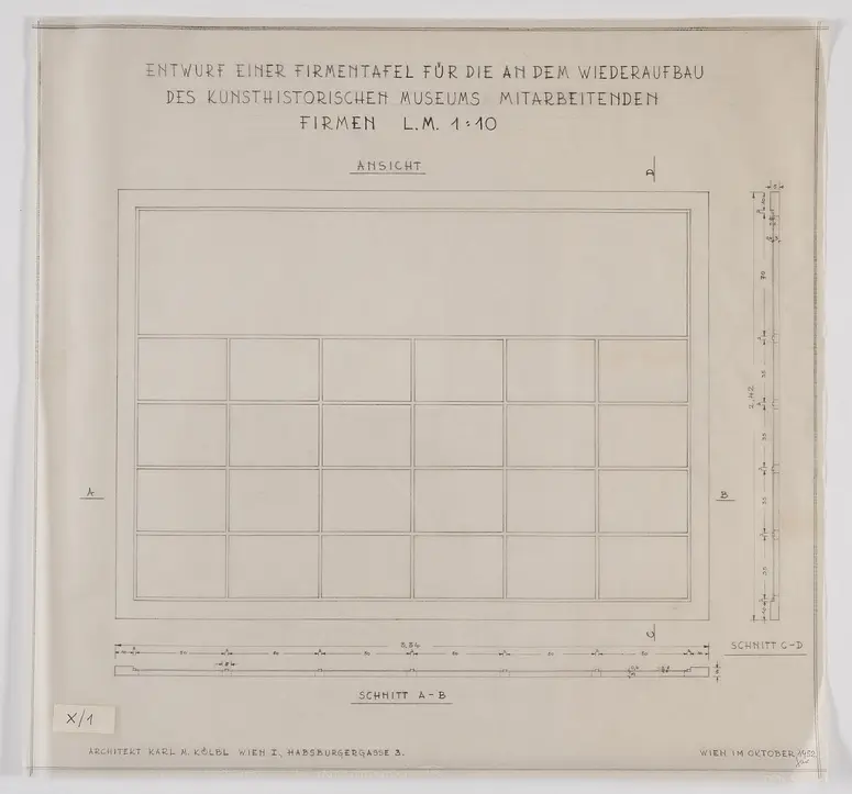 Kunsthistorisches Museum. Entwurf einer Firmentafel für die am Wiederaufbau mitarbeitenden Firmen