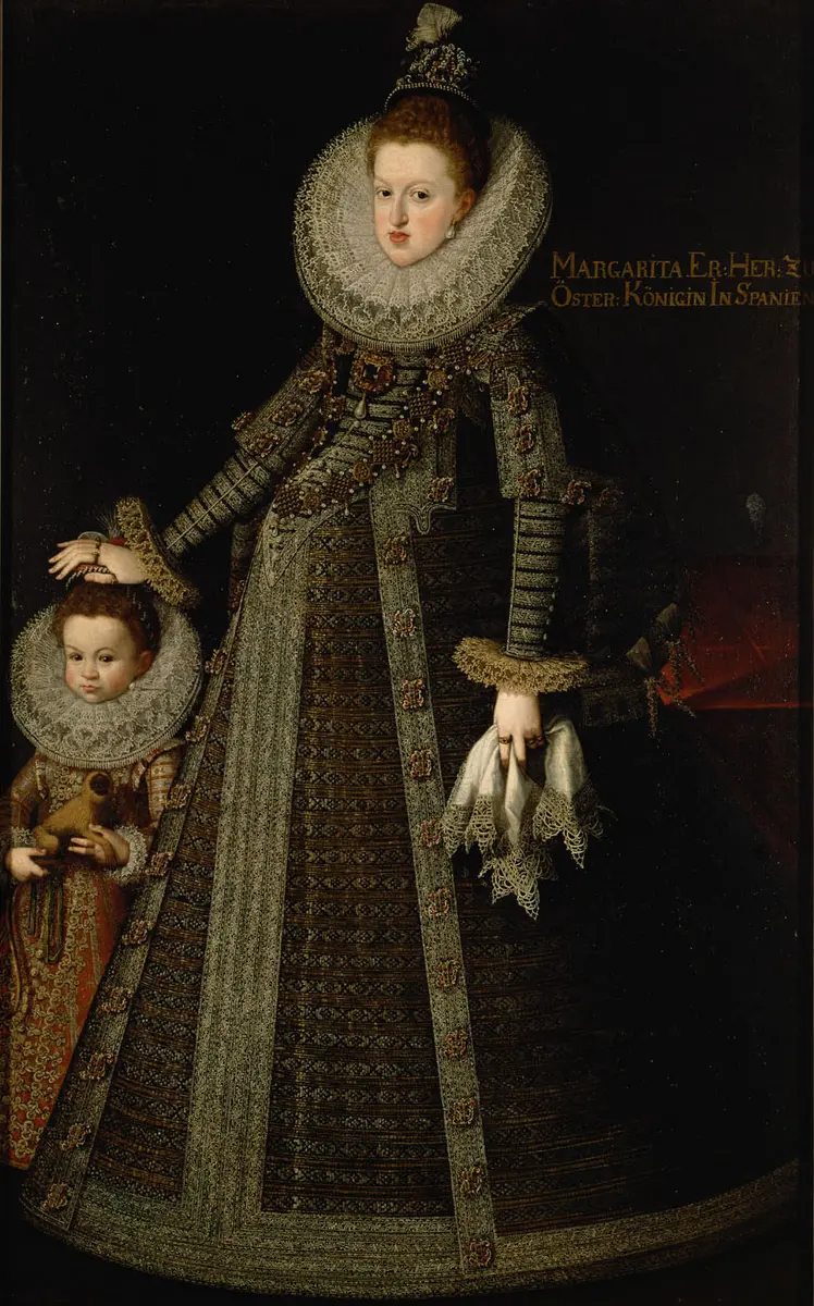 Erzherzogin Margarete (1584-1611), Königin von Spanien mit einer Frau mit Kleinwuchs, Sofia, das ein Löwenäffchen hält