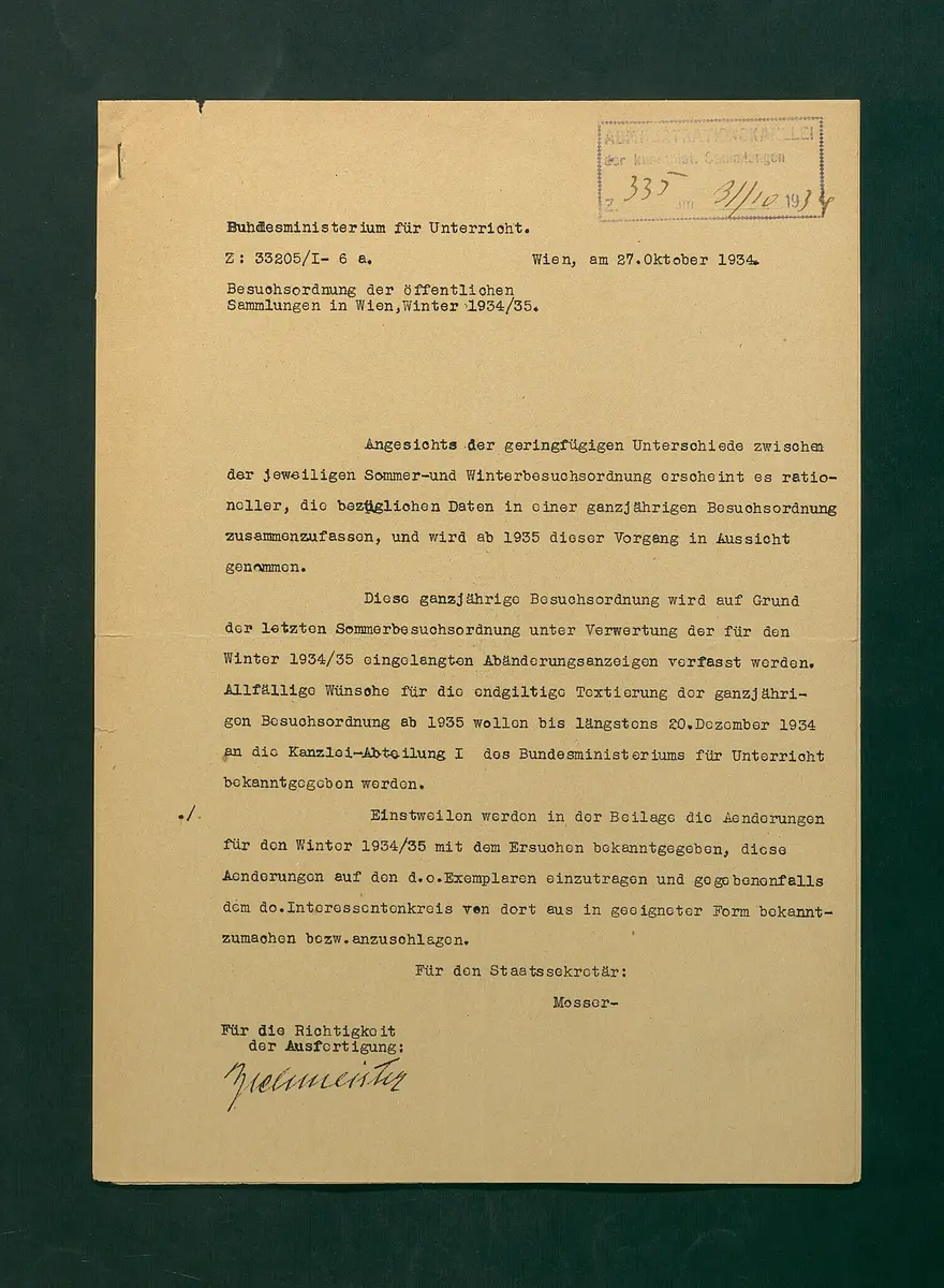 Besuchsordnung der öffentlichen Sammlungen in Wien, Winter 1934/35