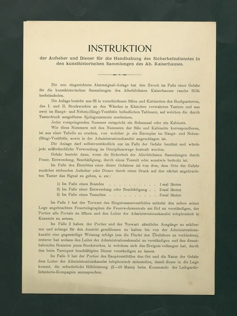Instruktion der Aufseher und Diener für die Handhabung des Sicherheitsdienstes in den kunsthistorischen Sammlungen des Ah. Kaiserhauses