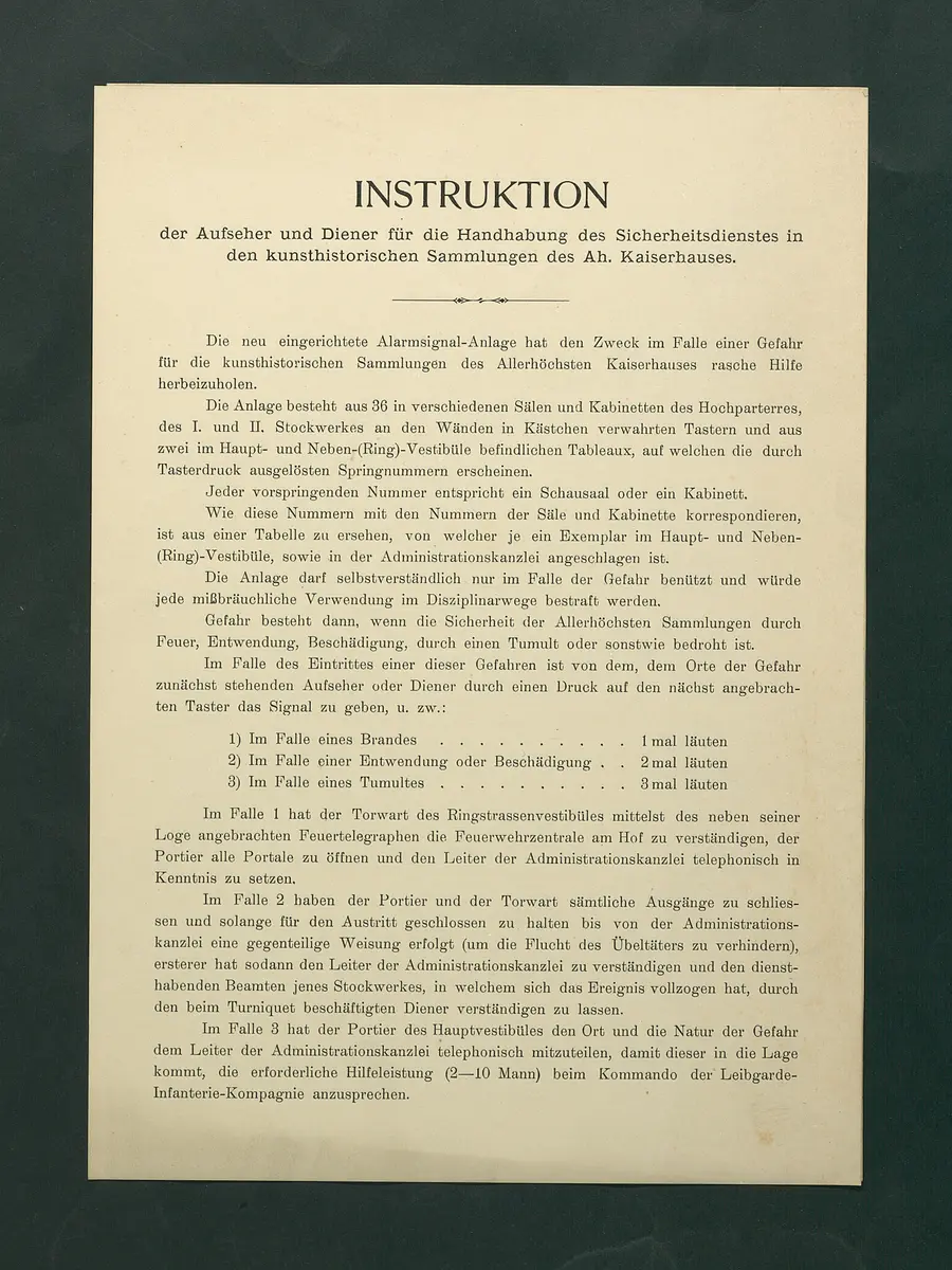 Instruktion der Aufseher und Diener für die Handhabung des Sicherheitsdienstes in den kunsthistorischen Sammlungen des Ah. Kaiserhauses