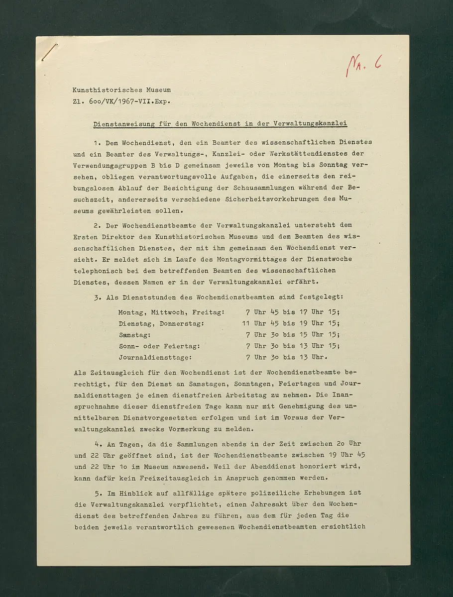 Dienstanweisungen für Postenaufseher, Portiere, die Telephonzentrale, Oberaufseher, Nachtportiere und Nachtaufseher, für den Wochendienst der Beamten und der Verwaltungskanzlei