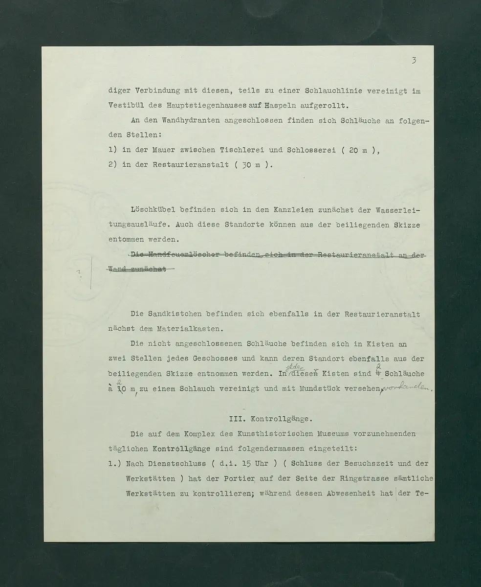 Entwurf einer Feuerlöschordnung für das Kunsthistorische Museum, 1926