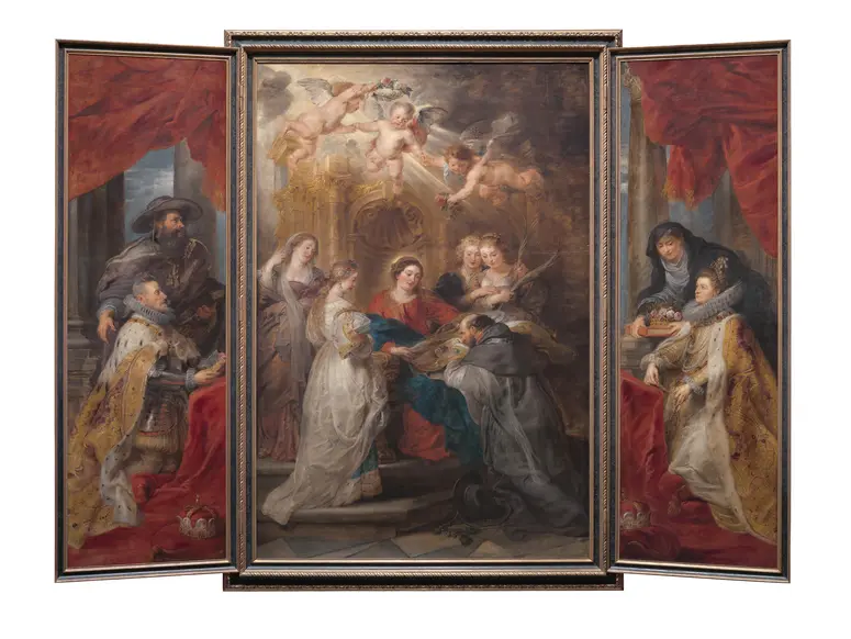 Ildefonso-Altar: Maria erscheint dem hl. Ildefonso (Mittelteil), Erzherzog Albrecht der VII. (linker Innenflügel) bzw. Infantin Isabella Clara Eugenia (rechter Innenflügel), beide mit ihren Schutzpatronen