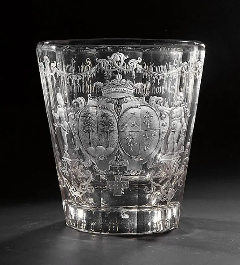 Becher mit Allianzwappen und Glückwunsch