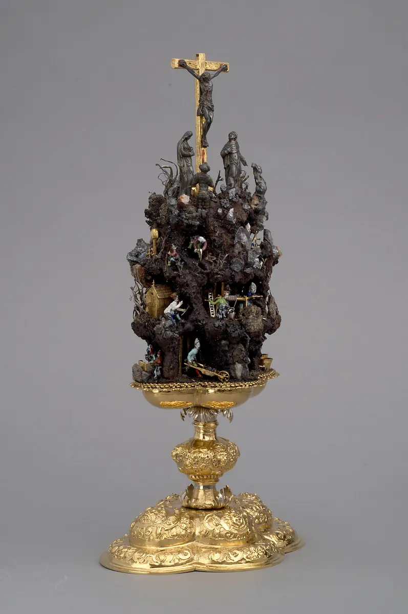 Handstein mit Bergwerk und Kreuzigung Christi