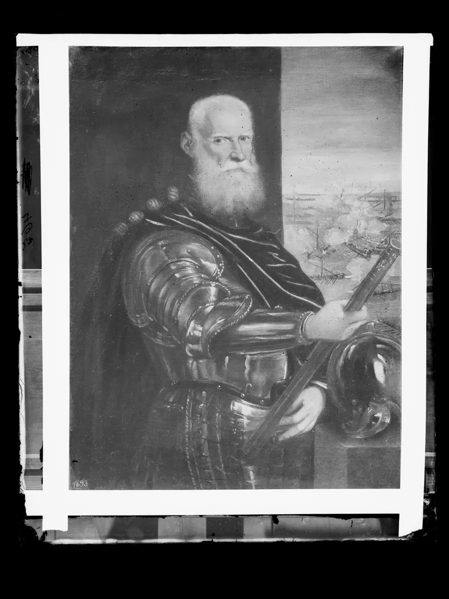 Sebastiano Venier (gest. 1578) (Im Hintergrund: Die Seeschlacht bei Lepanto)