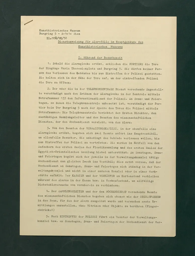 Dienstordnung für Alarmfälle im Hauptgebäude des Kunsthistorischen Museums