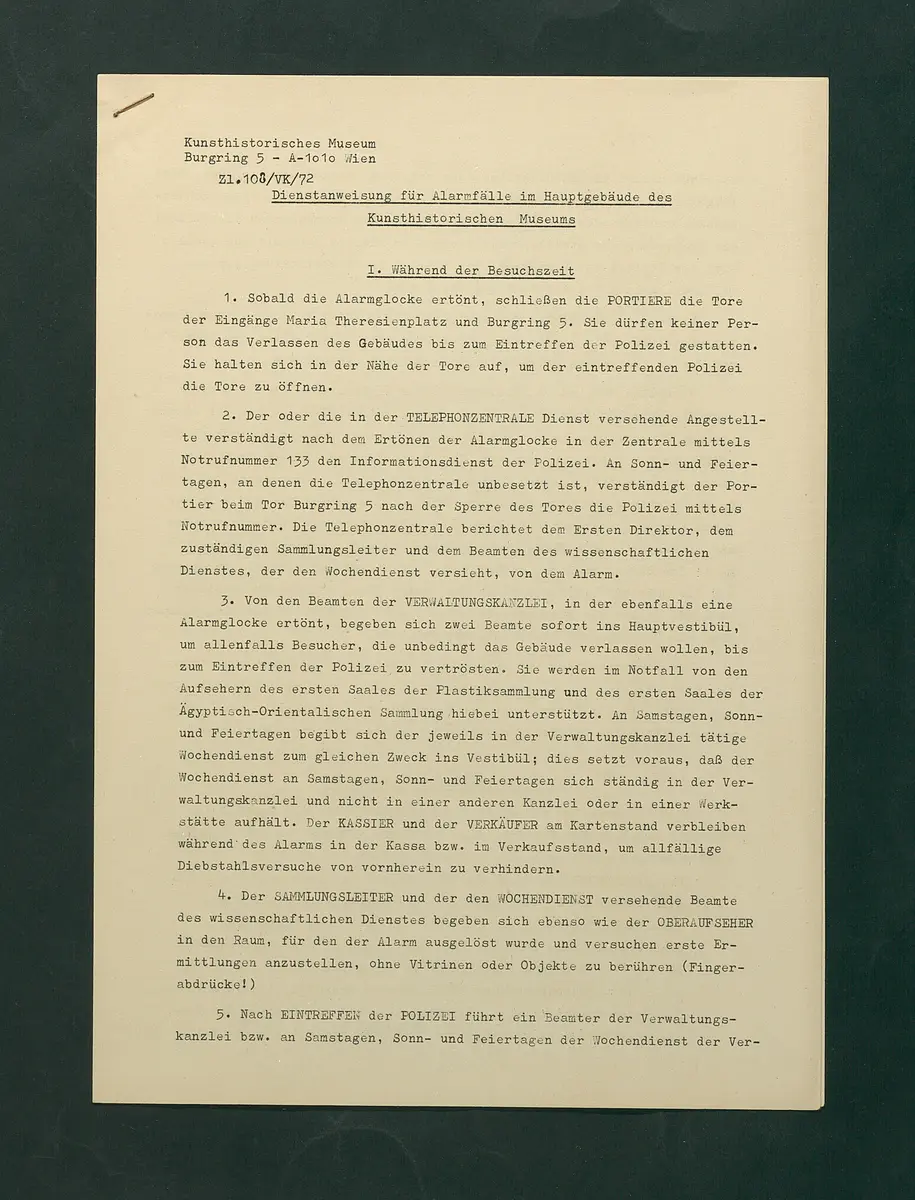 Dienstordnung für Alarmfälle im Hauptgebäude des Kunsthistorischen Museums