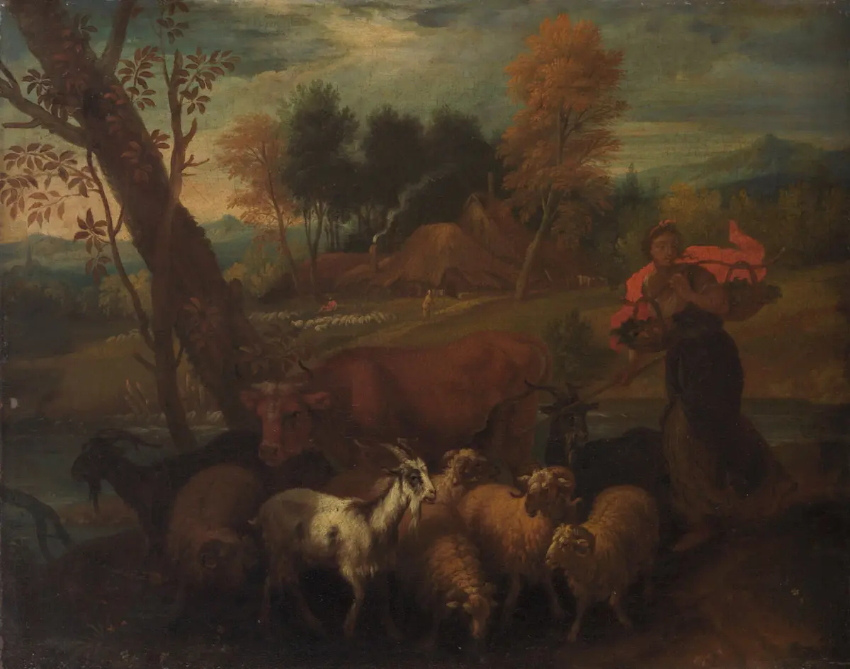 Landschaft mit Hirtin und Herde