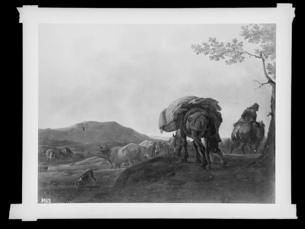 Landschaft mit Packpferden und Kühen
