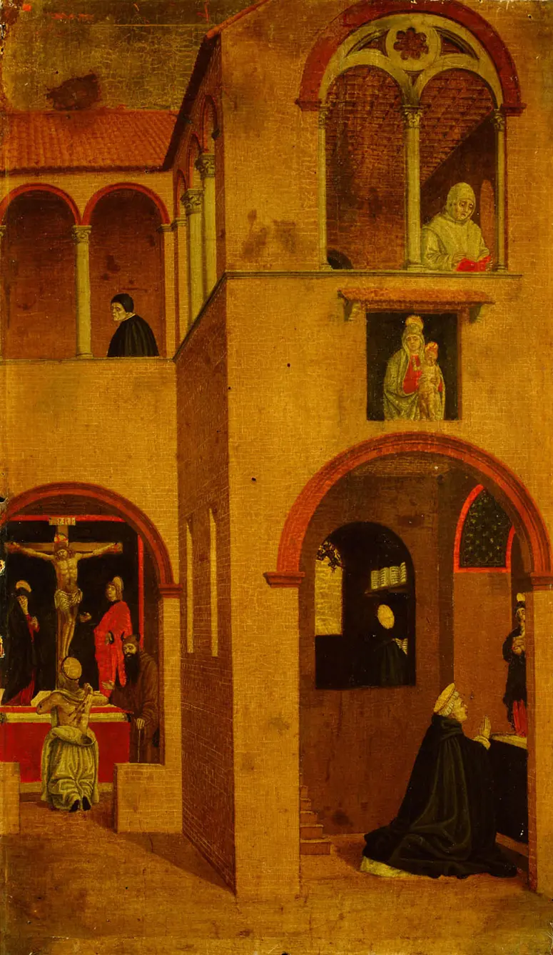 Szene aus dem Leben des hl. Vinzenz Ferrer: Der Heilige wird vor dem Altar und in seiner Zelle beim Lesen des Heiligen Hieronymus vom Teufel versucht