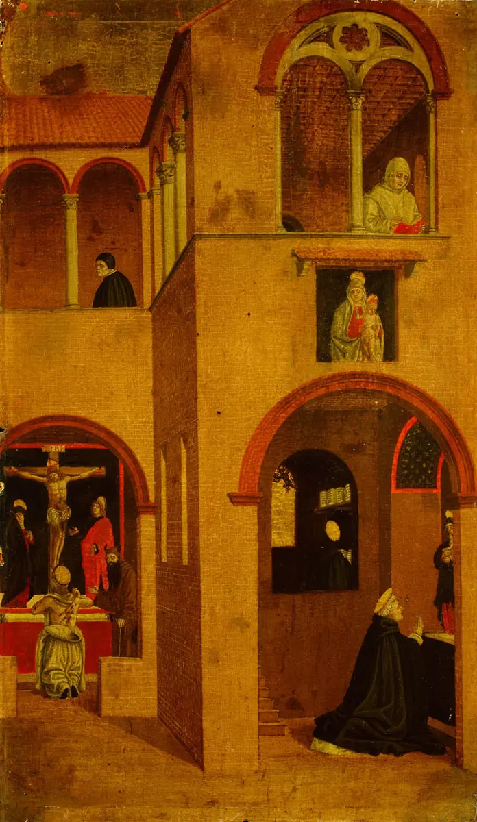 Szene aus dem Leben des hl. Vinzenz Ferrer: Der Heilige wird vor dem Altar und in seiner Zelle beim Lesen des Heiligen Hieronymus vom Teufel versucht