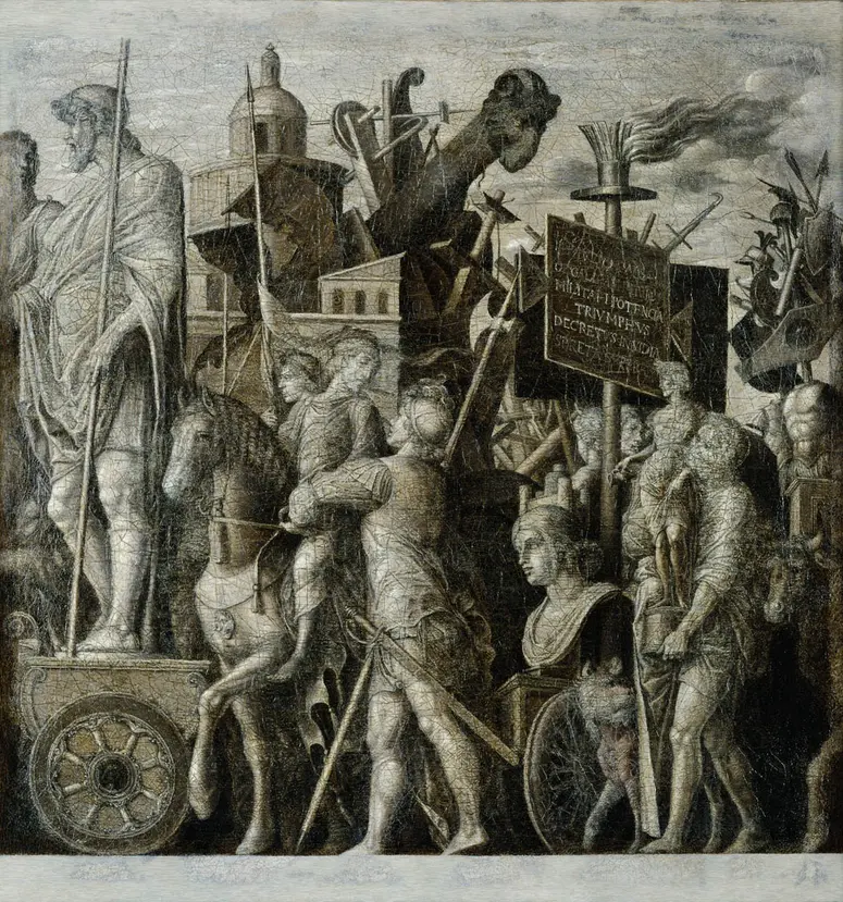 Triumphzug Cäsars: Götterstatuen und Belagerungsgerät