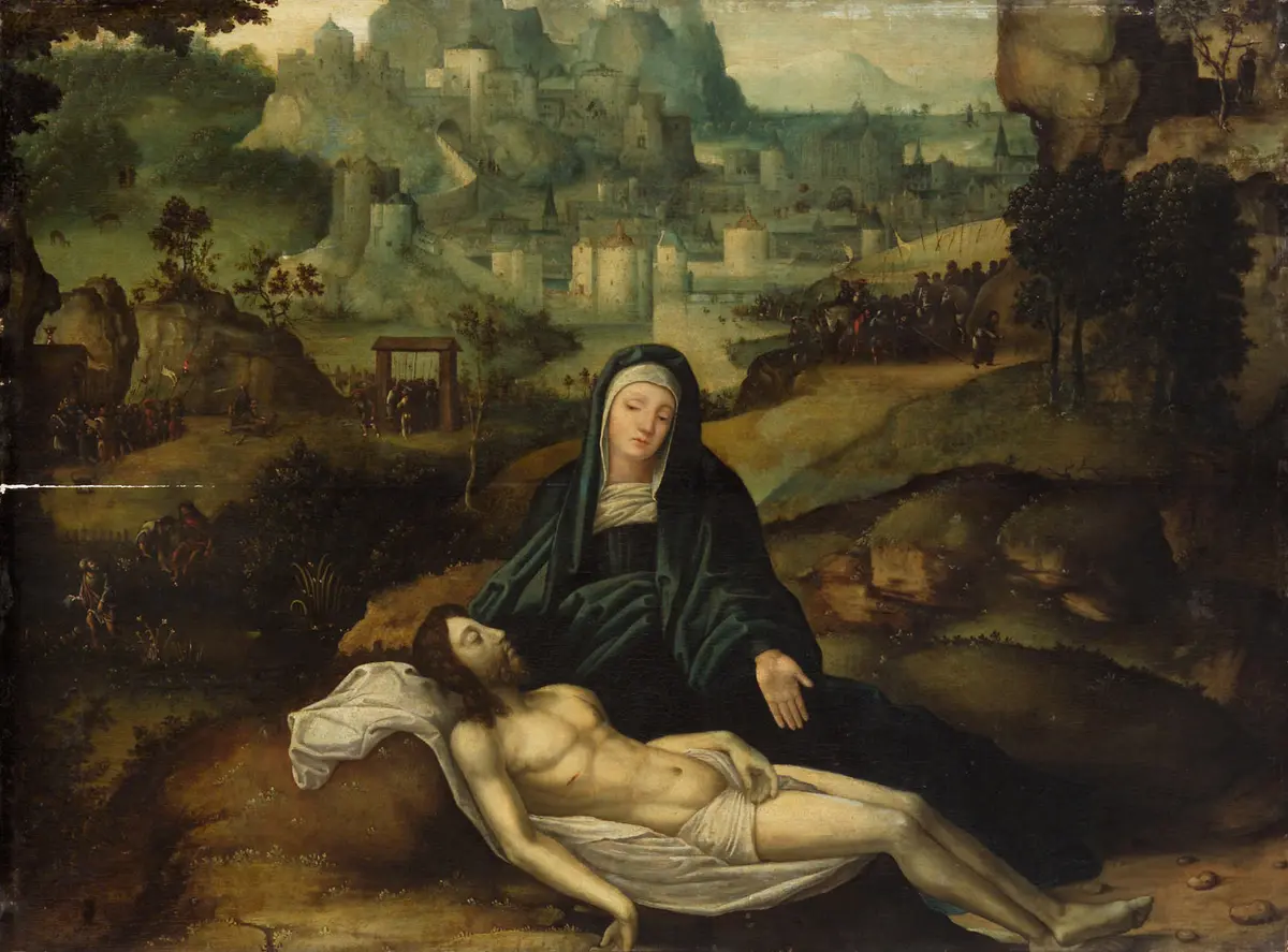 Beweinung Christi (Im Hintergrund links: die Gefangennahme Christi und die Flucht der Jünger; rechts: die Kreuztragung und der Selbstmord des Judas)