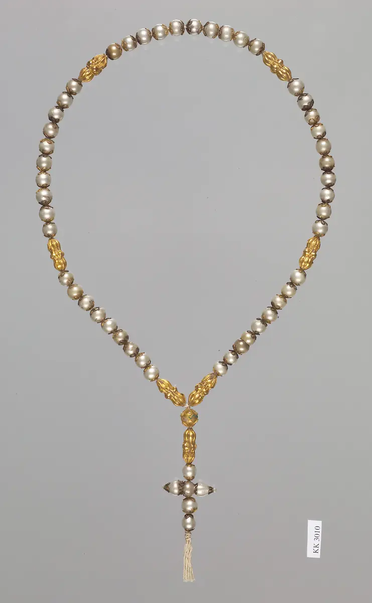Kette aus Glaskugeln und Kreuz; Rosenkranz (?)