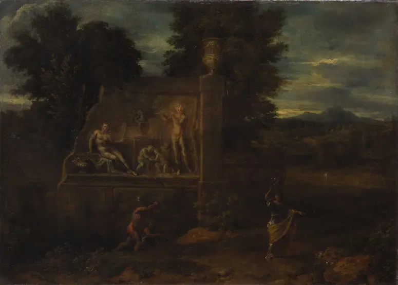 Landschaft mit einem Grabmal und Staffage