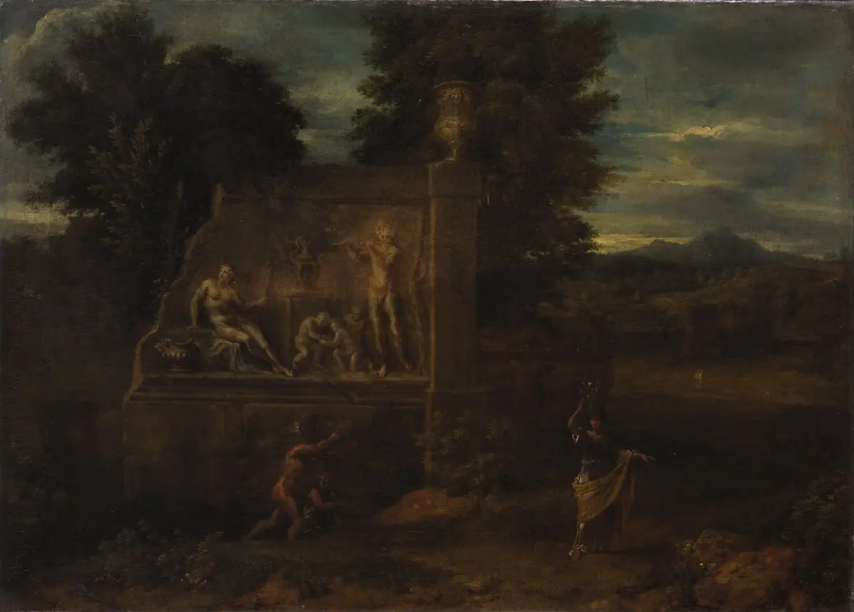 Landschaft mit einem Grabmal und Staffage