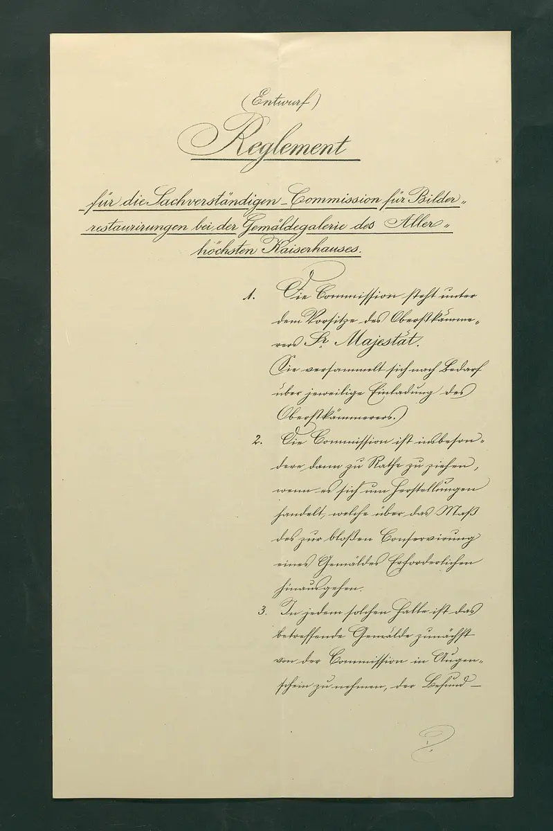 Reglement zur Bilderrestaurierung der Gemäldegalerie (Entwurf)
