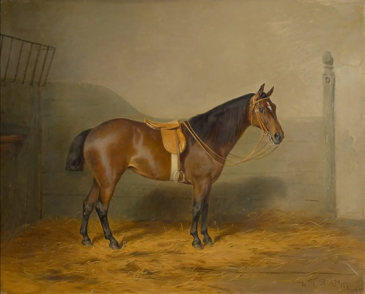 Bildnis eines dunkelbraunen Haflinger- Pferdes der Kaiserin Elisabeth (Violet 1870); Öl auf Leinwand, signiert und datiert 