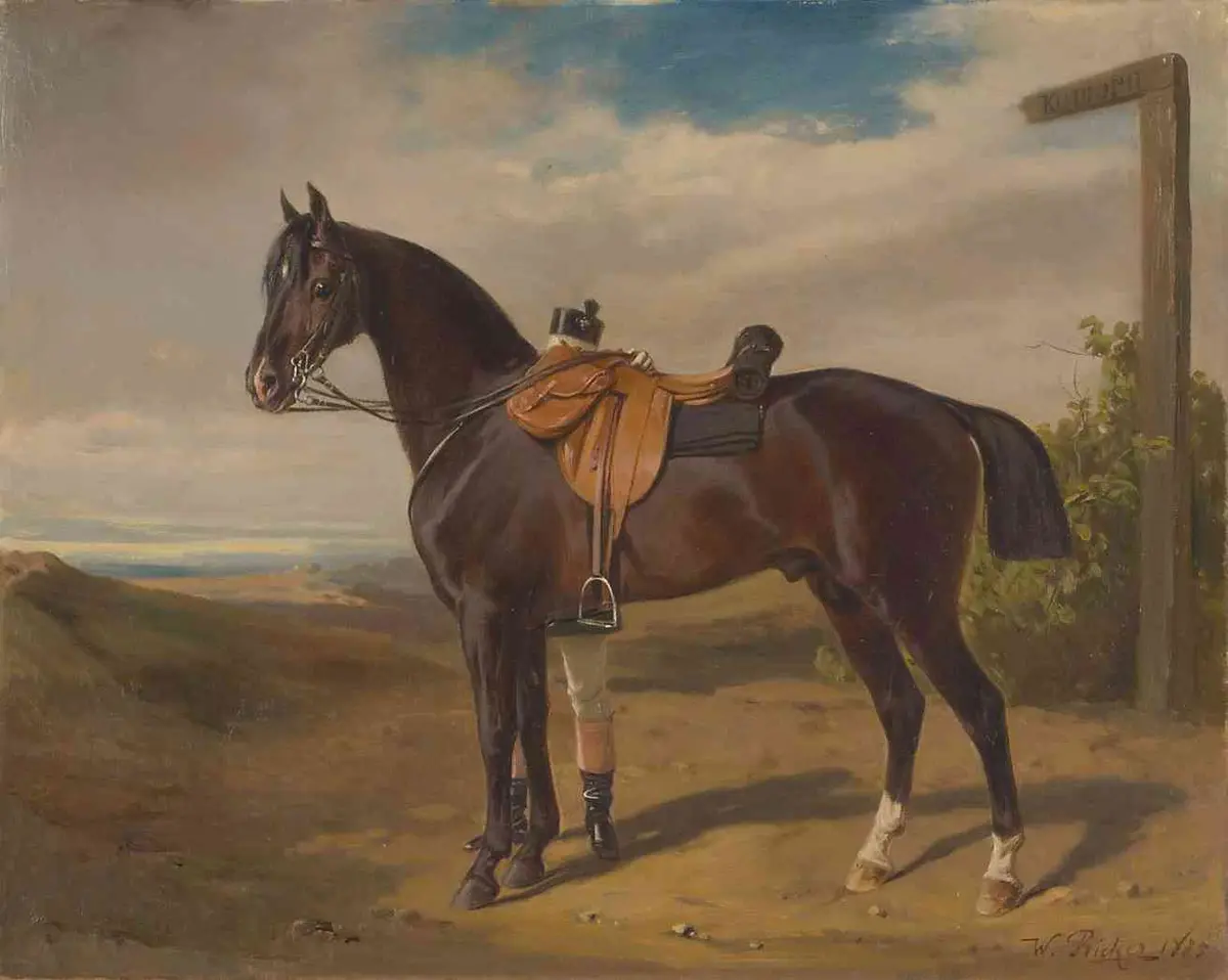 Bildnis eines dunkelbraunen ungarischen Pferdes aus dem Reitstall der Kaiserin Elisabeth (Maneki 1874); Öl auf Leinwand, signiert und datiert