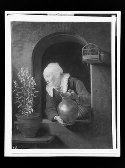 Alte Frau am Fenster, Blumen giessend