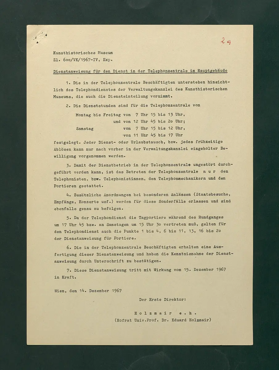 Dienstanweisungen für Postenaufseher, Portiere, die Telephonzentrale, Oberaufseher, Nachtportiere und Nachtaufseher, für den Wochendienst der Beamten und der Verwaltungskanzlei