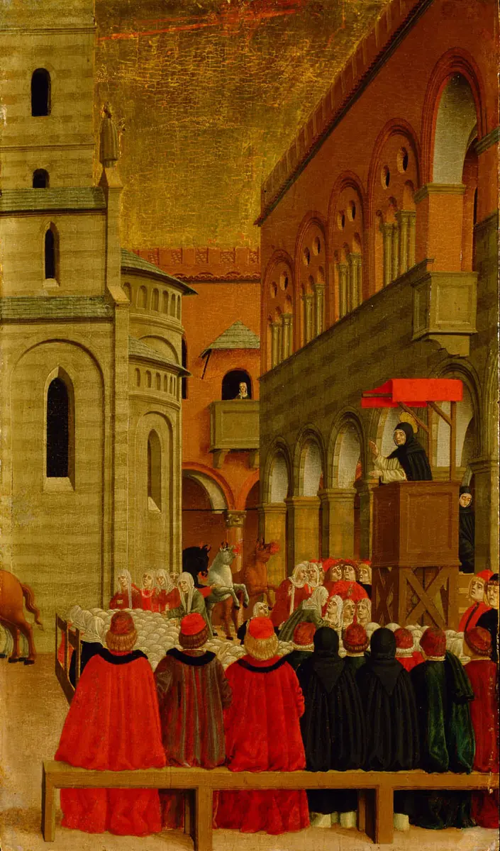 Szene aus dem Leben des hl. Vinzenz Ferrer: Der Teufel vesucht in Form dreier wilder Pferde die Predigt des Heiligen zu stören