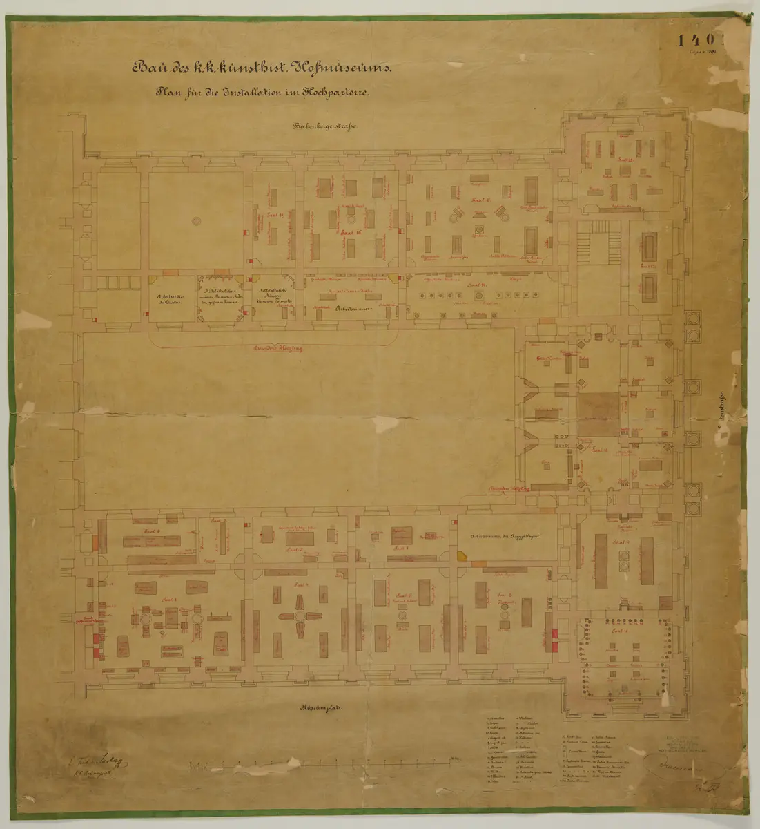 Bau des k. k. Kunsthistorischen Hofmuseums. Plan für die Installation. Hochparterre