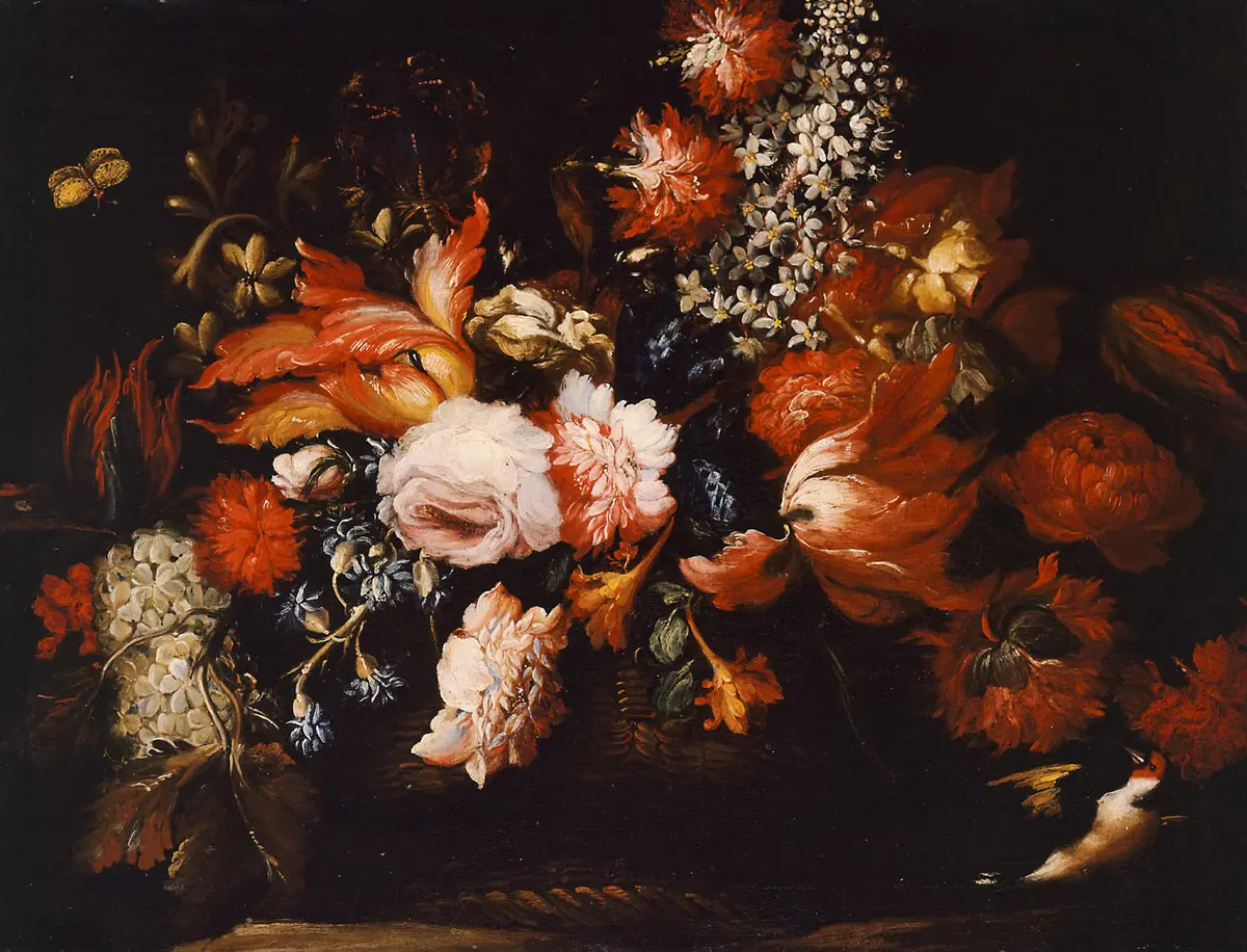 Blumenkorb mit Stieglitz