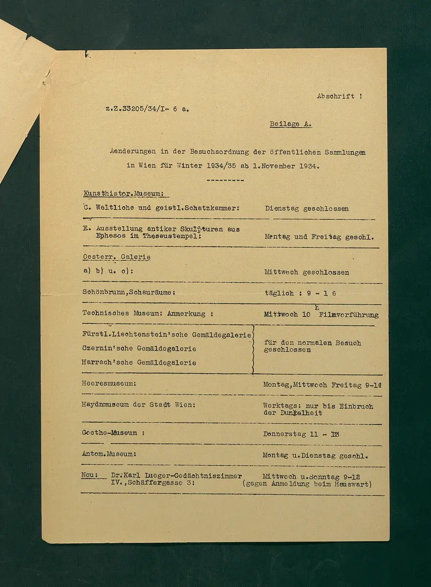 Besuchsordnung der öffentlichen Sammlungen in Wien, Winter 1934/35