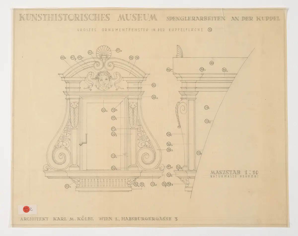 Kunsthistorisches Museum. Spenglerarbeiten an der Kuppel. Großes Ornamentfenster in der Kuppelfläche