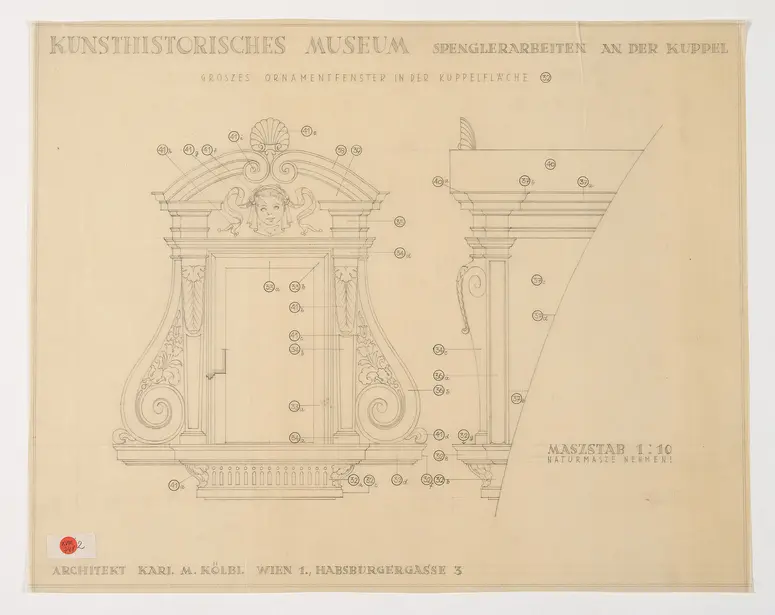 Kunsthistorisches Museum. Spenglerarbeiten an der Kuppel. Großes Ornamentfenster in der Kuppelfläche