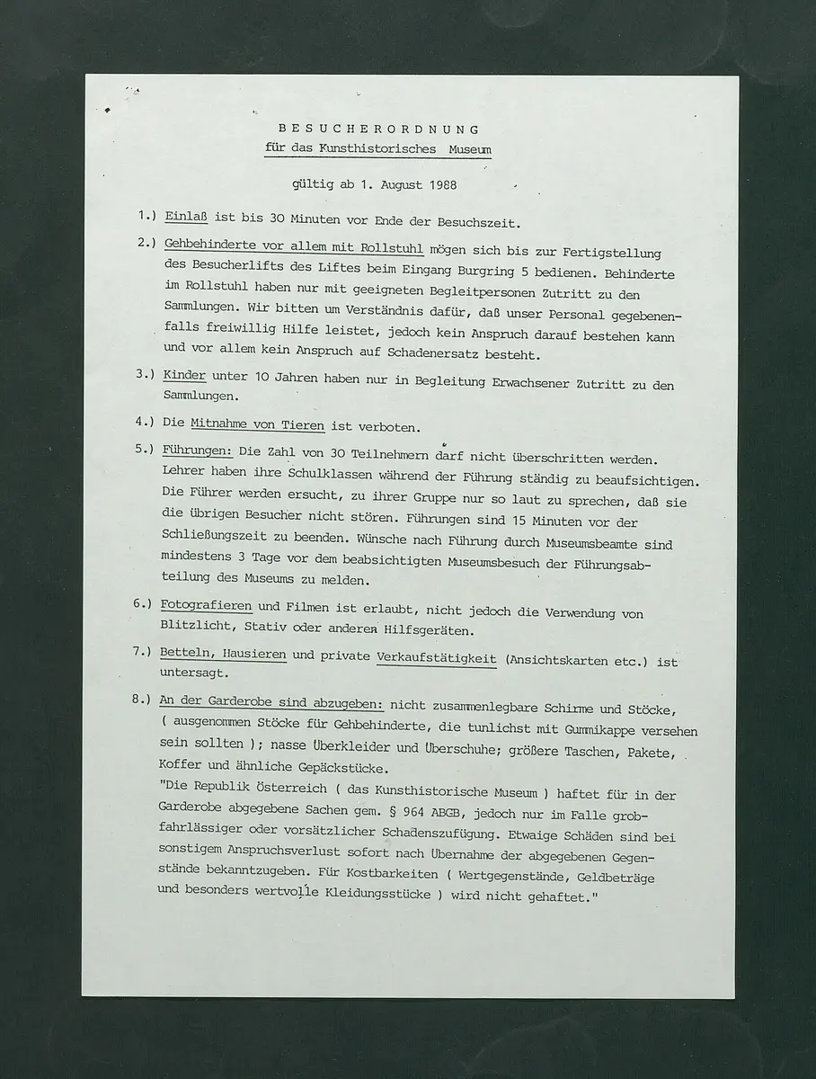 Besucherordnung für das Kunsthistorische Museum, gültig ab 1. August 1988