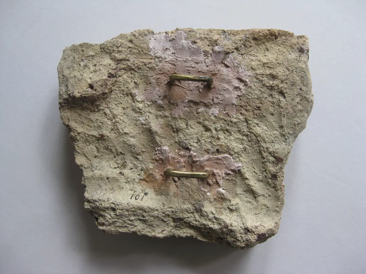 Fragment aus dem linken Teil einer Sima(?) mit Darstellung von Sphingen zu Seiten einer männlichen Büste: Geflügelter männlicher Sphinx