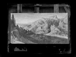 Gebirgslandschaft mit räuberischem Überfall und Stuckofen