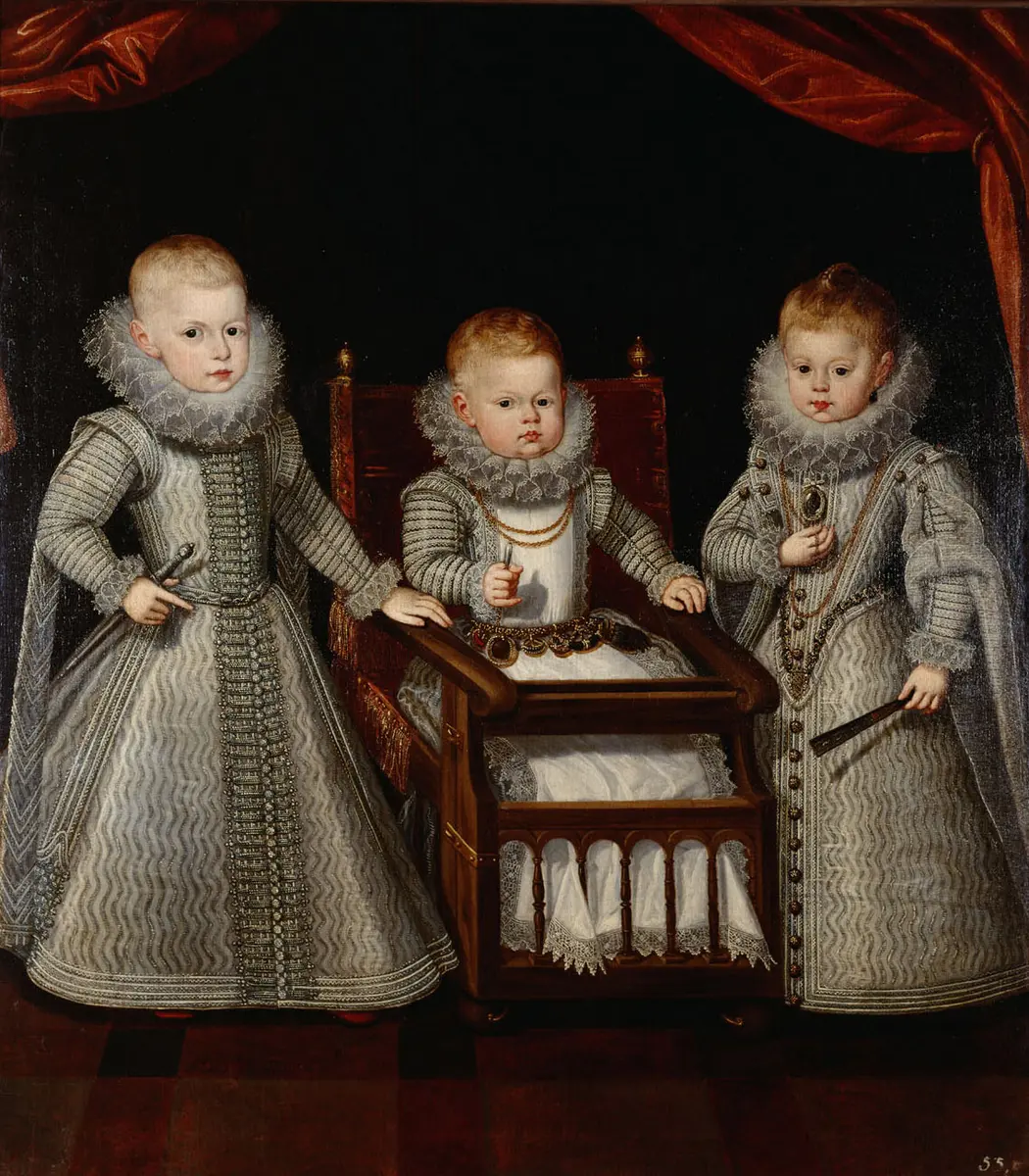 Kardinal-Infant Ferdinand (1609-1641), Sohn König Philipps III., mit seinen Geschwistern Infant Alfonso (1611-1612) und Infantin Margareta (1610-1617), in ganzer Figur
