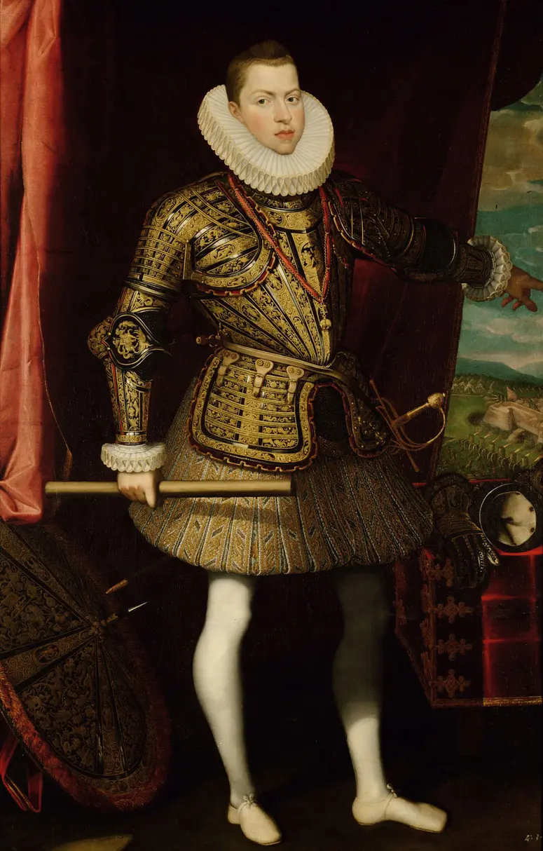 König Philipp III.(1578-1621) von Spanien, Bildnis in ganzer Figur als General der Infanterie (Im Hintergrund: Die Belagerung von Ostende 1601-1604)