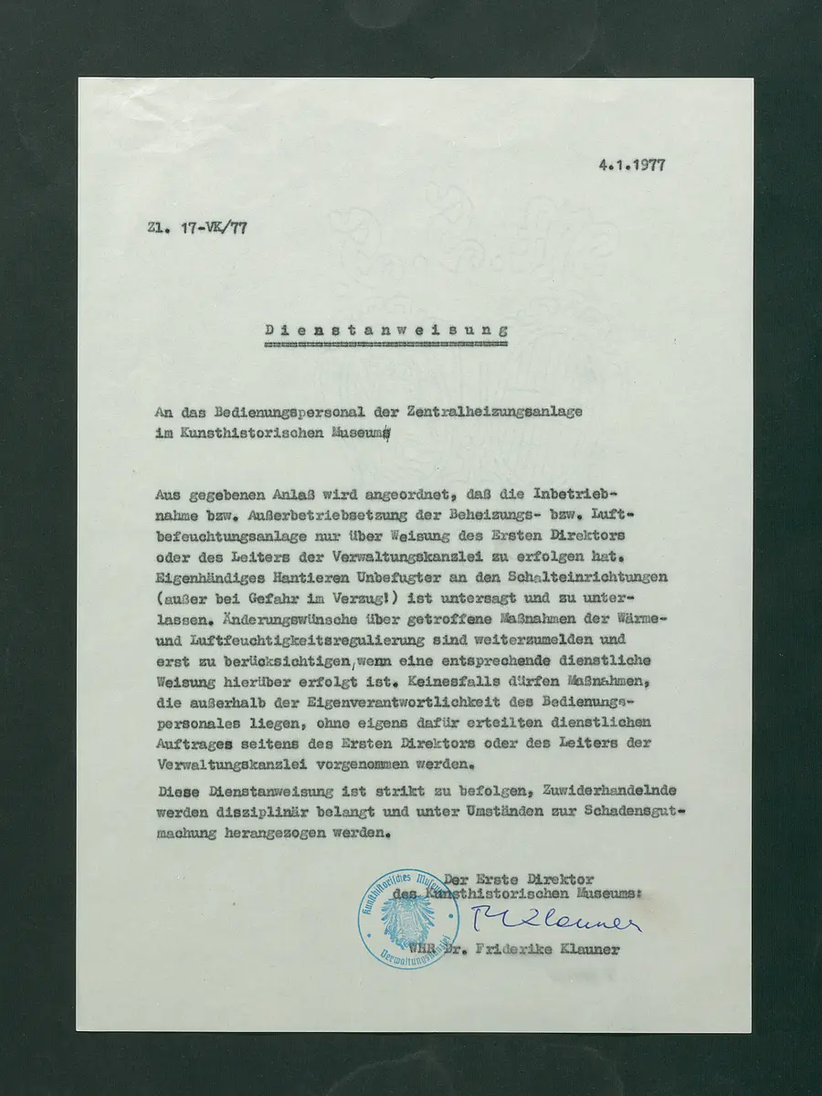 Dienstanweisung an das Bedienungspersonal der Zentralheizungsanlage im Kunsthistorischen Museum