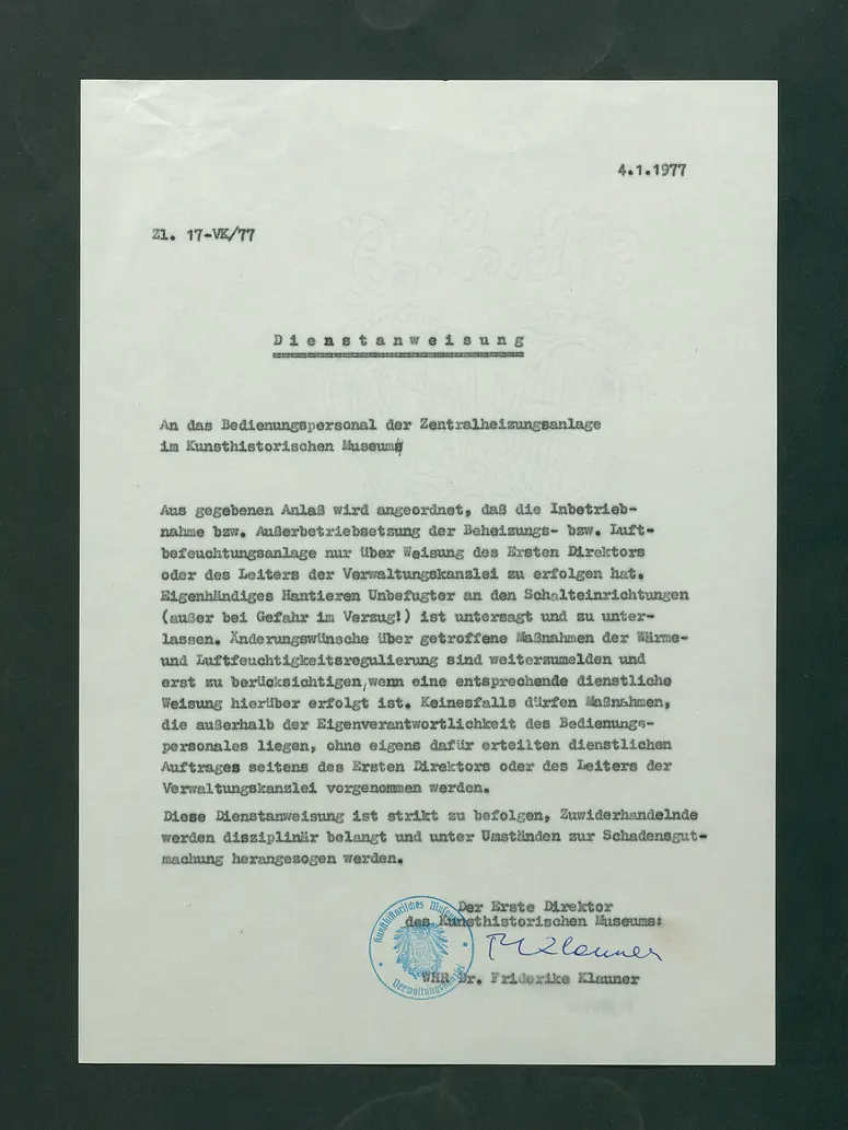 Dienstanweisung an das Bedienungspersonal der Zentralheizungsanlage im Kunsthistorischen Museum