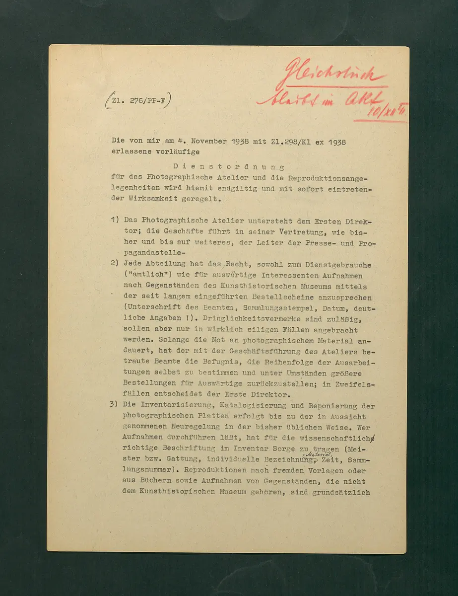 Dienstordnung für das photographische Atelier und Reproduktionsangelegenheiten
