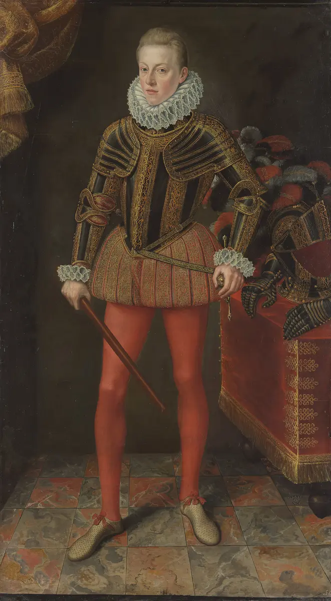 Kaiser Matthias (1557-1619), Bildnis als Erzherzog im Harnisch in ganzer Figur, mit einem Feldherrenstab