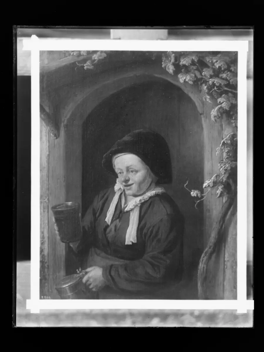 Frau am Fenster, mit Krug und Bierglas