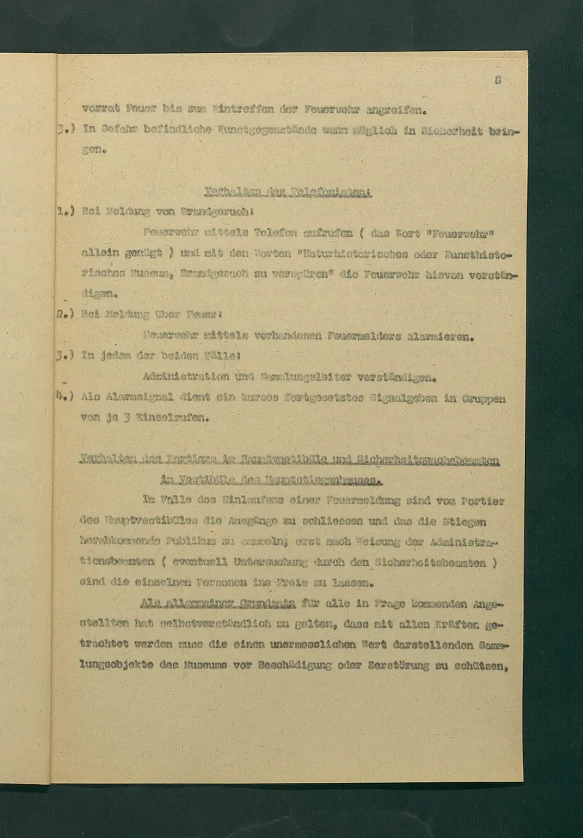 Entwurf einer Feuerlöschordnung für das Kunsthistorische Museum, 1926