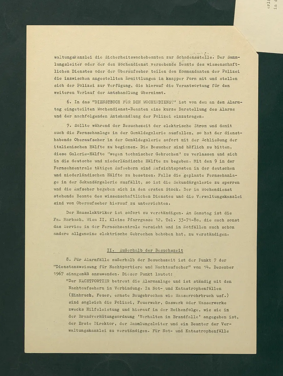 Dienstordnung für Alarmfälle im Hauptgebäude des Kunsthistorischen Museums