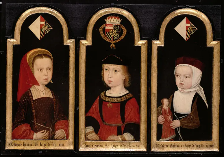 Kaiser Karl V. (1500-1558), Brustbild als Zweijähriger zusammen mit seinen Schwestern Eleonore (1498-1558) und Isabella (1501-1525)