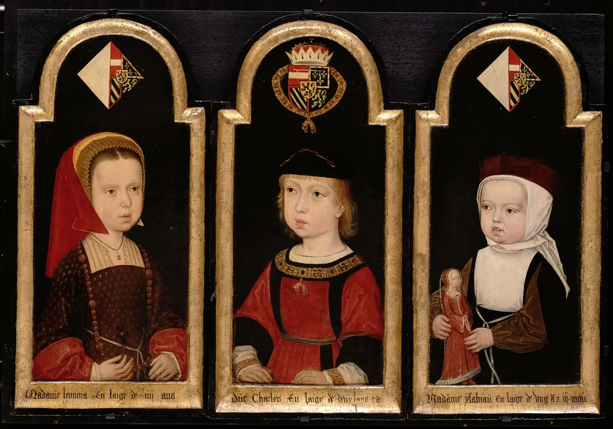 Kaiser Karl V. (1500-1558), Brustbild als Zweijähriger zusammen mit seinen Schwestern Eleonore (1498-1558) und Isabella (1501-1525)