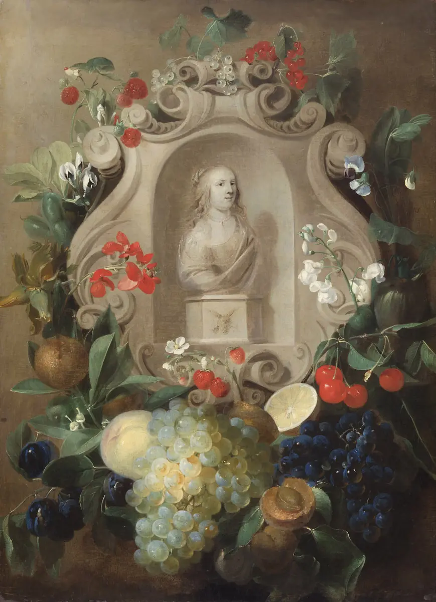 Weibliche Büste in Blumen- und Fruchtgirlande